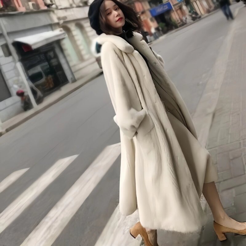 Casaco de pele de vison falso feminino, jaqueta de cintura ajustável, outwear coreano, gola virada para baixo, acolchoado, grosso, outono e inverno, 2023