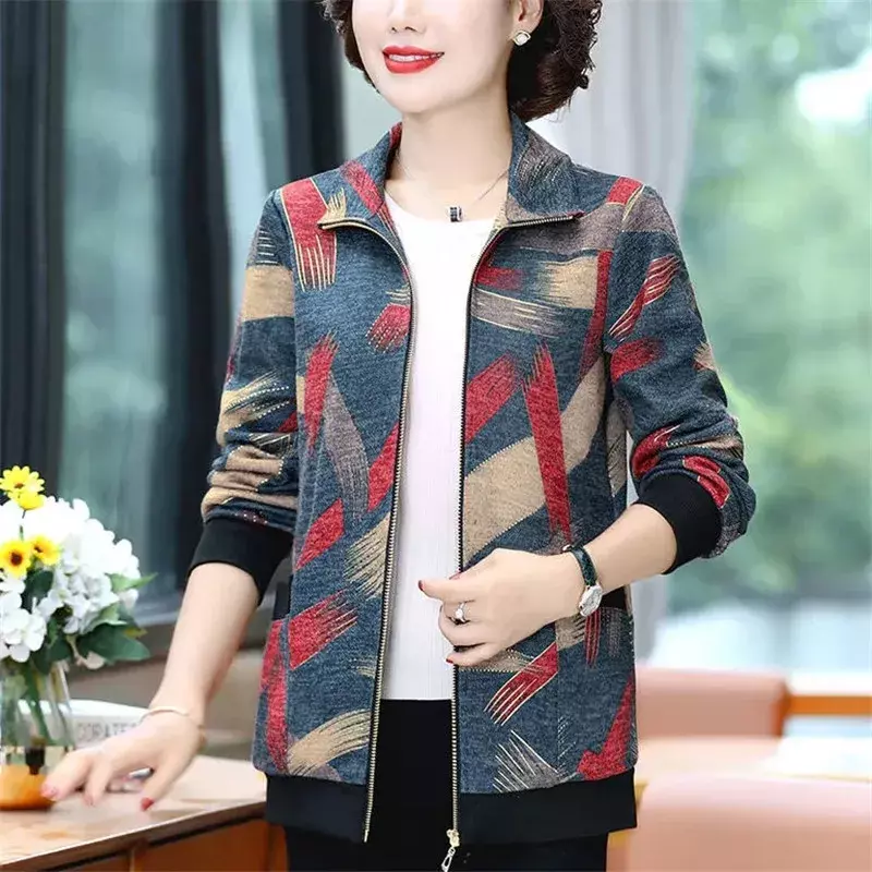 Middle-Aged Elderly Mom Coat 2024 Spring Autumn New Loose Lapel Zipper Fashion Jacket Women's Casual Long Sleeves Outerwear Z432