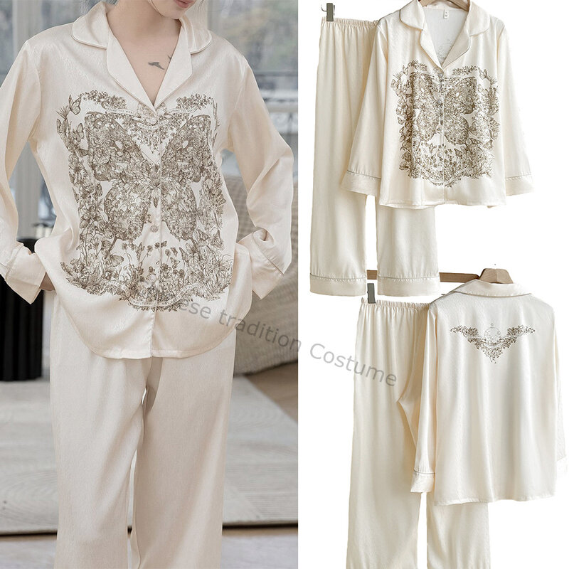 Fato de pijama cetim estampado borboleta feminino, top e calça de manga comprida, pijamas Rayon solto, roupa de senhora, pijamas femininos, roupa doméstica, 2 peças