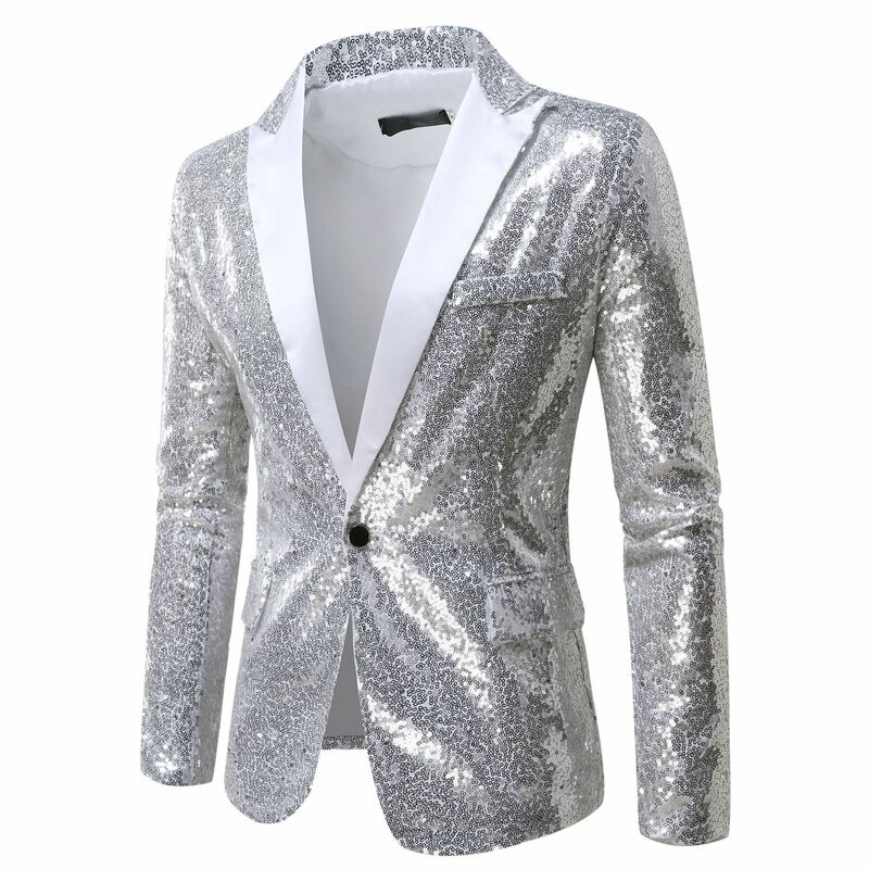 Casaco de lantejoulas brilhante masculino, blazers com decote em v, blazers de botão único, branco, prata, azul, vermelho, roxo, casaco de desempenho de palco, S, M, L, XL, XXL