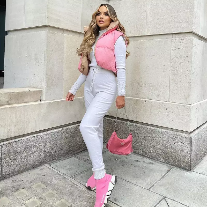 Jaquetas de colete rosa monocromáticas femininas, casaco de algodão quente, gola alta, zíper, jaqueta dupla face, streetwear Parkas, moda inverno