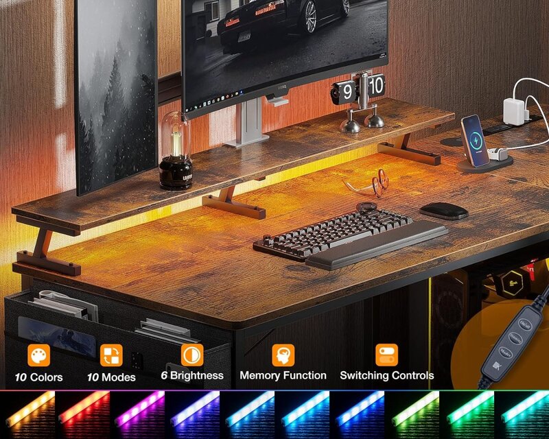 ODK reversível L Shaped Computer Desk, 4 camadas de tecido gavetas, mesa de jogos com luzes LED, USB Power Outlets, 63 pol
