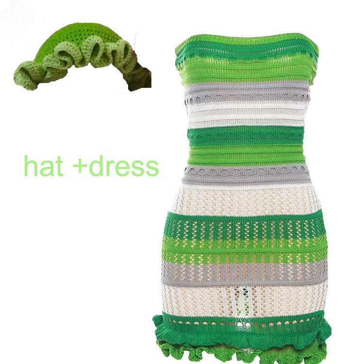 Knitted 2 Piece Sets Women Hats And Mini Skirts Fashion Casual Strapless Dress Matching Suits