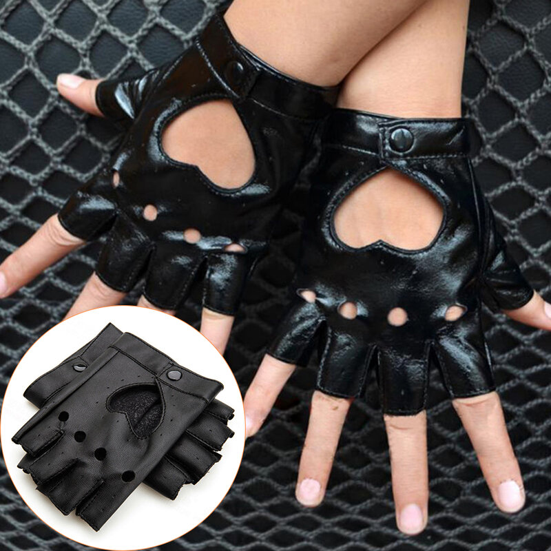 Luvas de couro sintético curto punk para mulheres, meio dedo, sem dedos, senhora, bonito, preto, na moda, 1 par