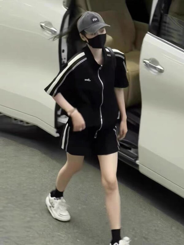 Koreański Y2k Retro zestaw odzieży sportowej dwuczęściowy damski letni luźna moda smażone spodenki z krótka w stylu ulicznym rękawem na co dzień 2024