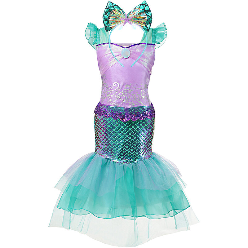Kostum putri duyung kecil Disney, kostum putri Ariel untuk anak perempuan, gaun pesta ulang tahun, Gaun luar ruangan, pakaian renang putri duyung kasual musim panas