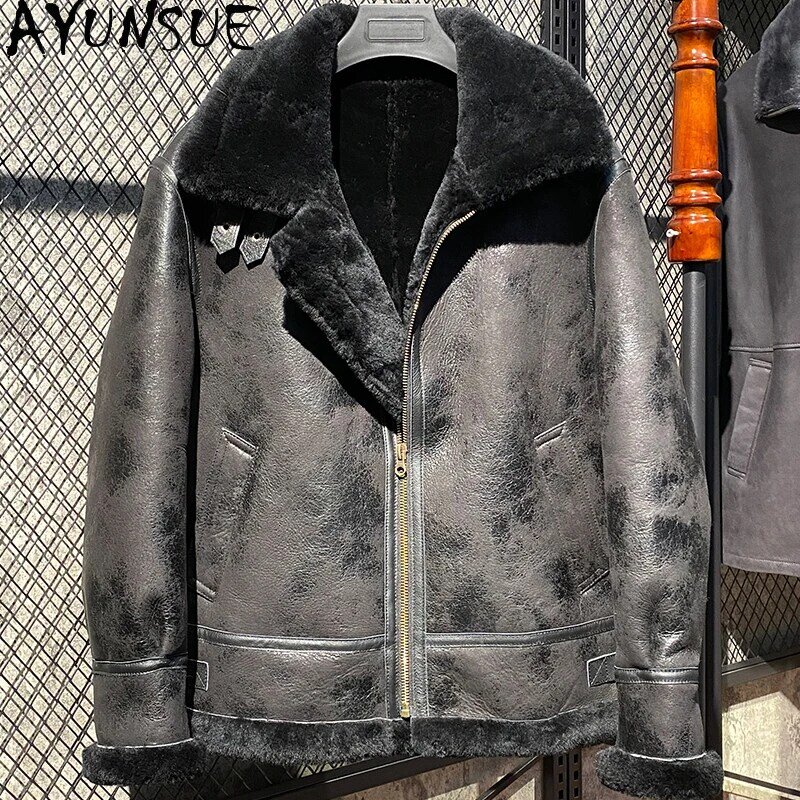AYUNSUE-Jaqueta de couro genuíno masculina, casacos de inverno de pele de carneiro, roupas masculinas, casaco de pele real natural