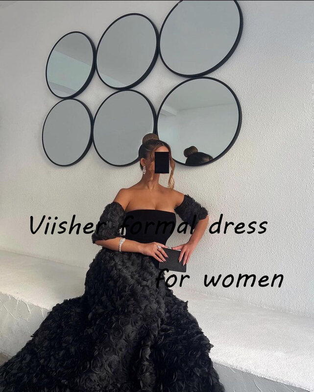 Черные вечерние платья-трапеции с открытыми плечами, роскошное официальное платье с цветочным принтом и шлейфом, Длинные арабские платья Дубаи в стиле ретро
