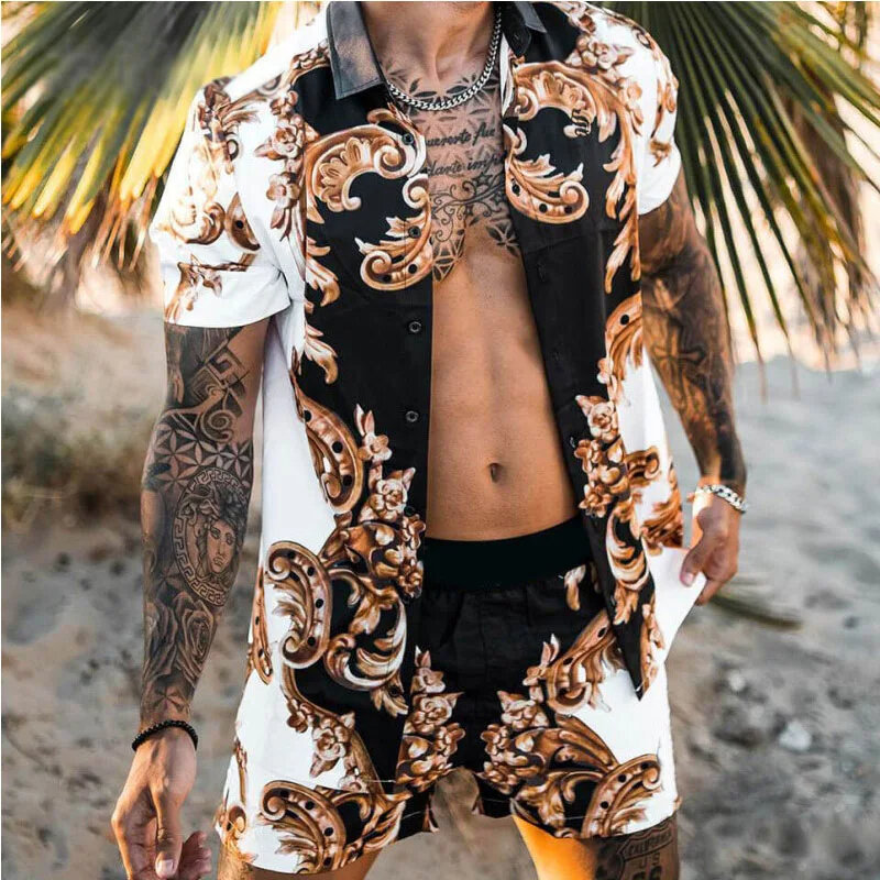 남성용 하와이안 3D 프린트 반팔 셔츠, 해변 단추 반바지, 스트리트웨어 셔츠, 휴일 남성용 투피스 세트, 여름 2 개 세트
