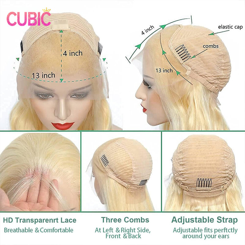 CUBIC-peruca de renda frontal loira, cabelo humano, reto, pré arrancado, densidade de 180%, 13x4