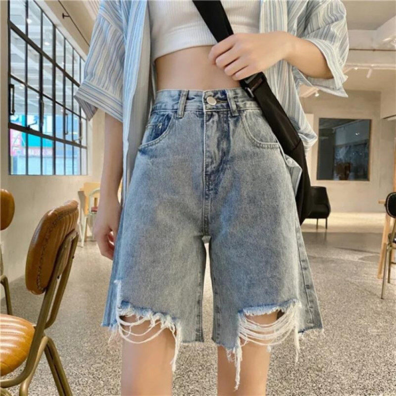 Denim Planet musim panas Jeans berlubang pinggang tinggi celana pendek wanita 2024 kaki lebar longgar baru mode lurus ramping