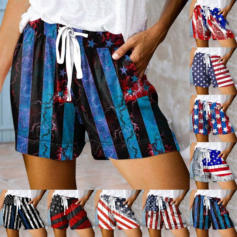 Damskie spodenki damskie z nadrukiem 3D z flagą narodową USA w stylu spodenki ze sznurkiem letnie spodnie w kieszeni wysokie do talii elastyczne szorty