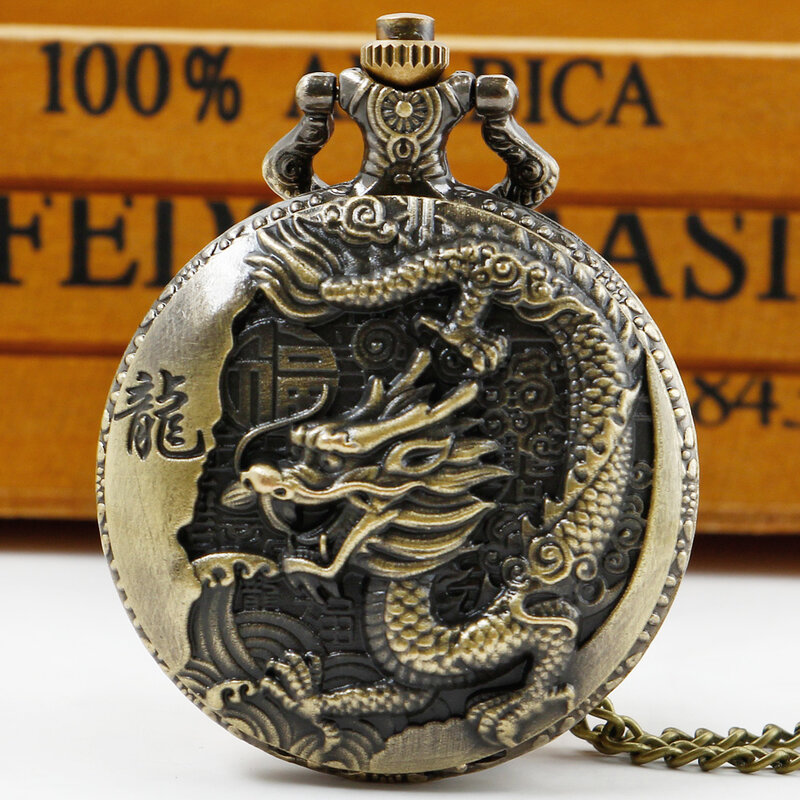 2022 novo vintage bronze dragão chinês flip mostrador branco quartzo bolso relógio colar corrente presente para mulheres masculinas
