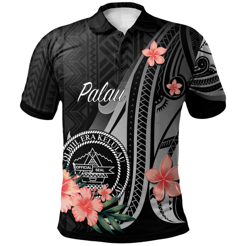 Polo palau havaiano masculino, impresso em 3D, hibisco, botão polinésio, blusa casual de manga curta solta, camiseta de rua, verão