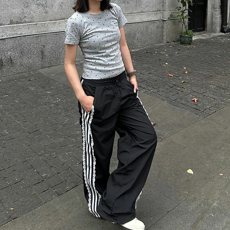 HOUZHOU-pantalones de chándal con cintura elástica para mujer, ropa de calle informal con retazos de rayas de encaje, Estilo Vintage Y2K, para verano