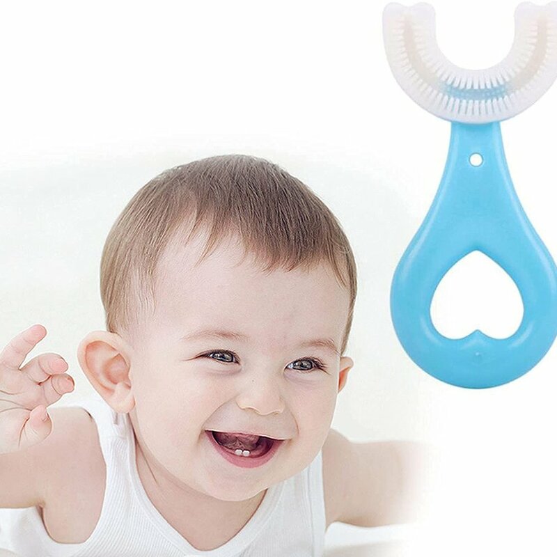 U em forma de escova de dentes para bebê grau alimentício macio silicone cabeça da escova 360 ° design de limpeza oral escova de dentes treinamento manual