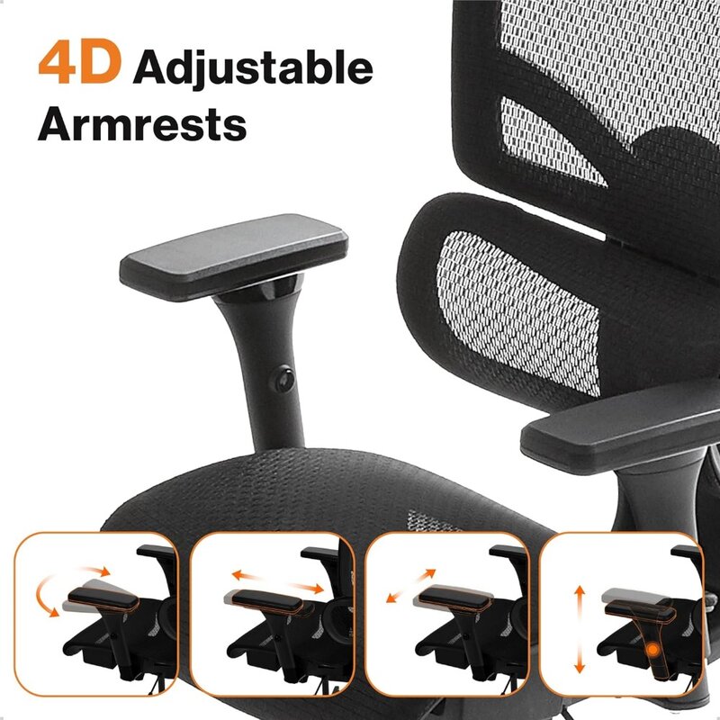 WELLNEW-cadeira ergonômica silenciosa do escritório com encosto de cabeça 3D ajustável, ajustabilidade completa do corpo, braços 4D