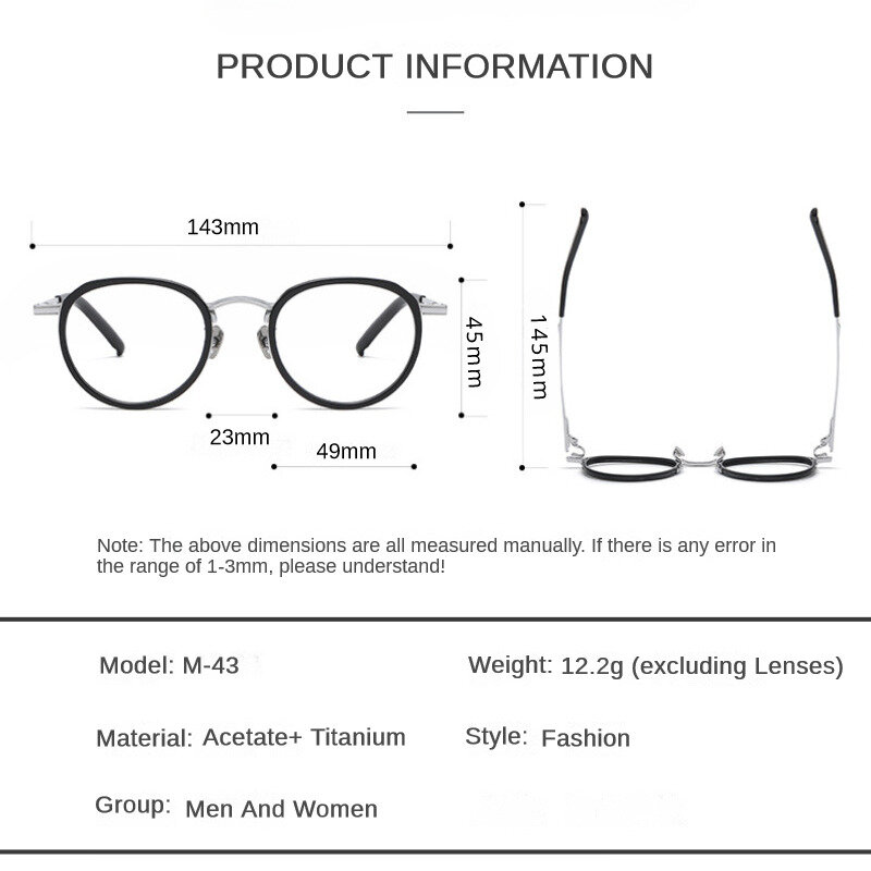 Óculos de titânio vintage para homens e mulheres, Óculos de prescrição óptica, Oval Acetate Frames, Miopia Glasses Frame