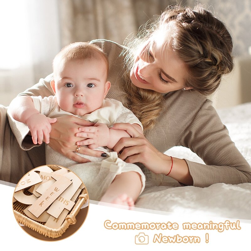 14pcs Wooden Baby Milestone Cards Handmade Digital Monthly Photocards Baby Photography Engraved Age Milestone Photography Props