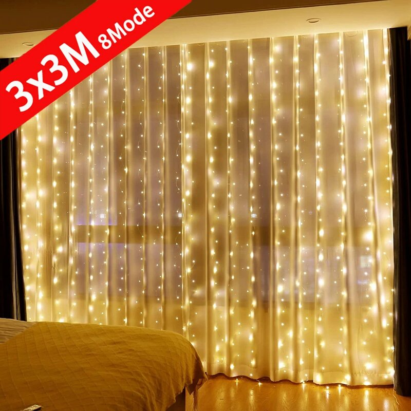Lampu tirai es LED 6x3M, lampu Peri Natal, lampu karangan bunga luar ruangan rumah untuk dekorasi pernikahan/Pesta/taman 3M