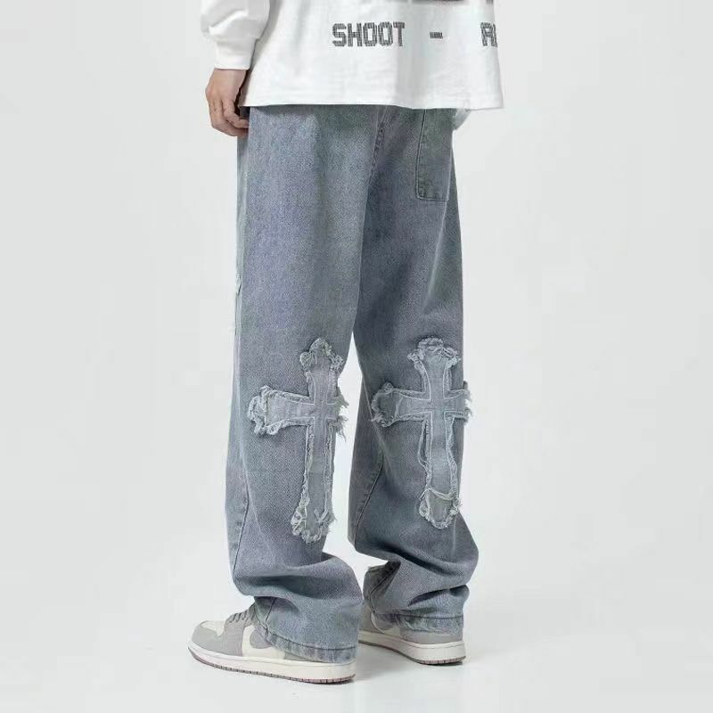 Уличная одежда в стиле хип-хоп с низкой посадкой для мужчин, модные корейские брюки Y2k, джинсовые брюки с перекрестной кромкой, мешковатые джинсы, одежда в стиле панк