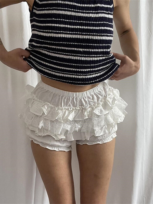 Women'S Bloomer White Lolita Lace Shorts  Summer Elastic Waist Layered Solid Color Casual Shorts Daily Street Wear
