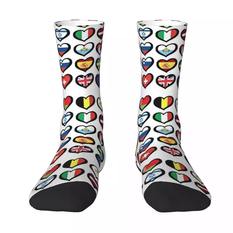 Calcetines de corazones con banderas de festival de canciones de Eurovisión, medias Súper suaves Harajuku, accesorios para todas las estaciones, regalos de navidad Unisex