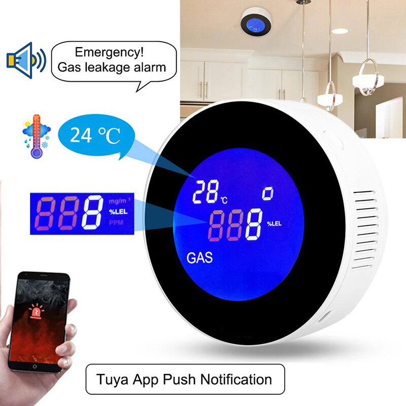 WiFi Function Tuya Smart App Natural Gas Alarm Sensor Combustible Gas Leak Detector Temperature LCD Digital Display Sound Siren