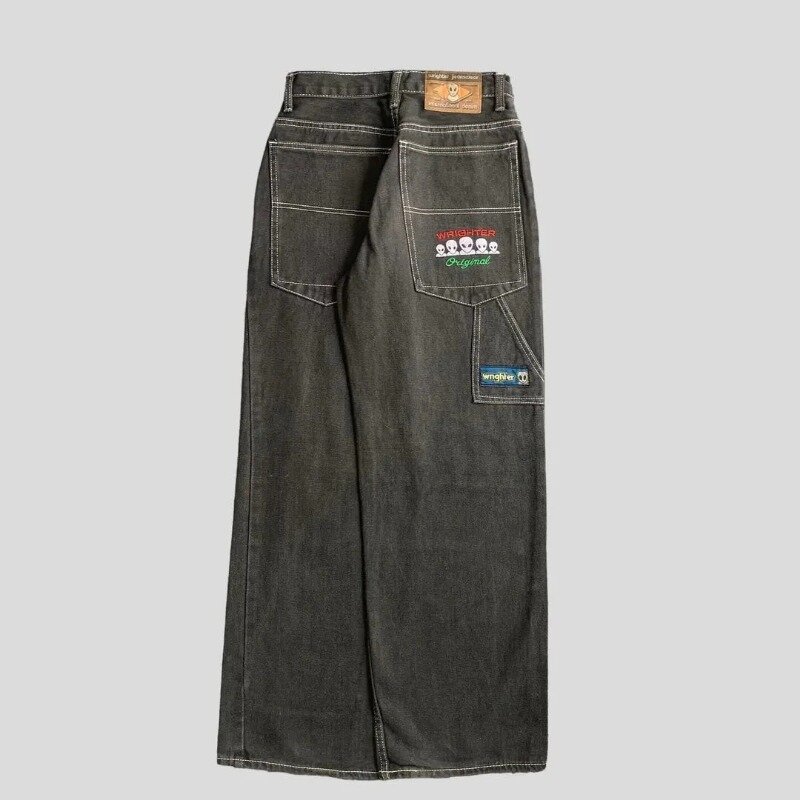 Pantalones vaqueros Retro americanos Y2K para parejas, Jeans holgados con patrón de alienígena bordado de Hip Hop, pantalones de pierna ancha de cintura alta lavados, 2024