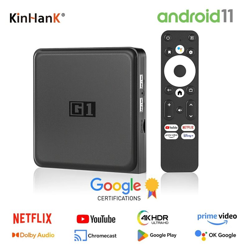 Kinhank G1 TV Box Android, kotak TV dengan Netflix 4K Google Certified Amlogic S905X4 4 + 32G WiFi6 Dolby Audio/Dolby Vision Media Player