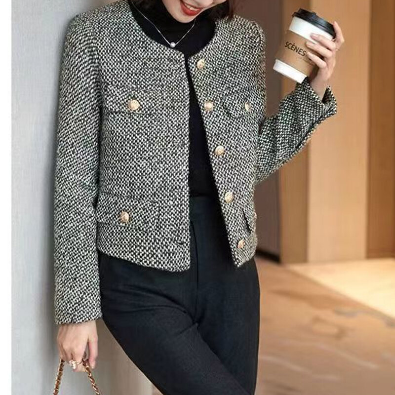 여성용 라운드넥 긴팔 패치워크 단추 재킷, 우아한 빈티지 올매치 코트, 단색 패션, 2023 용수철 가을 신상