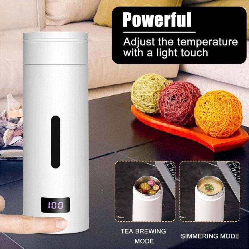 Portable Electric Kettle ThermosFlask Efficient Heating Stainless Steel Water Boiler Insulation Coffee Tea Flask Travel A0NC