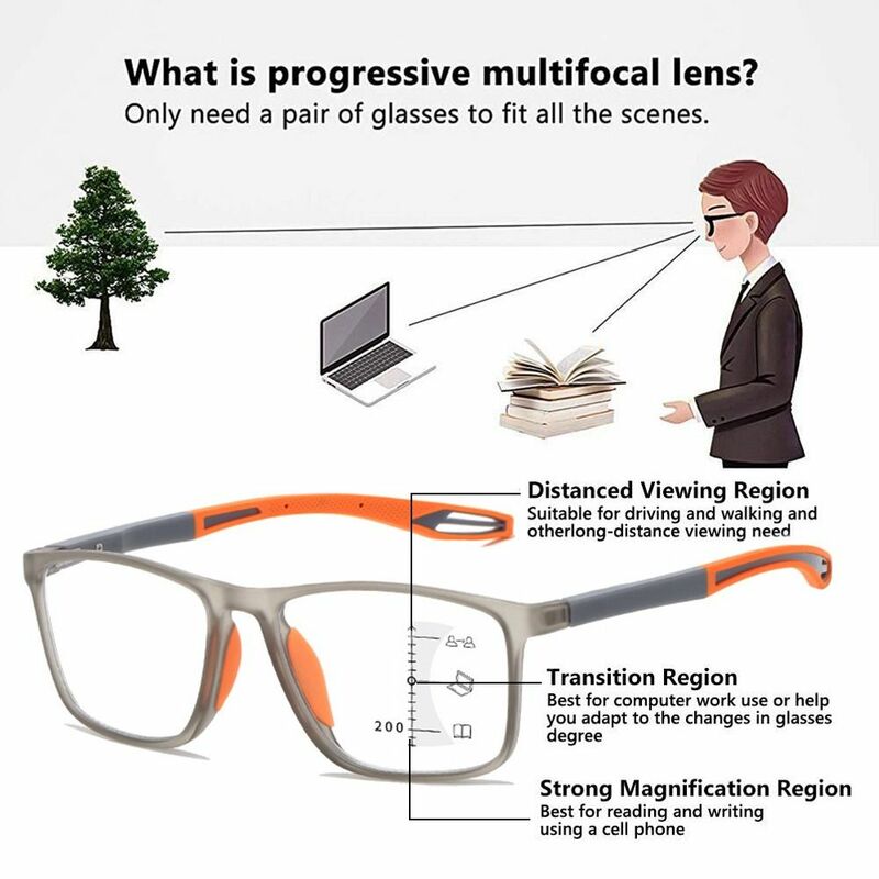 Óculos de leitura progressivos multifocais para homens e mulheres, luz anti-azul, óculos esportivos, presbiopia bifocal ultraleve, quadro TR90