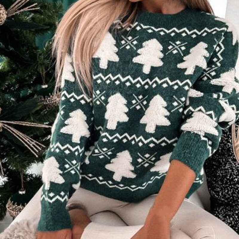 Sweater natal wanita baru jumper motif Pohon Santa 3D rajutan tebal hangat lengan penuh leher O tampilan Natal Pullover Atasan Wanita