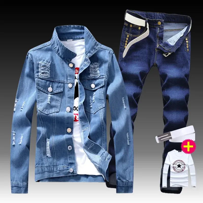Novo calças de jaqueta jeans 2pcs definir único breasted buracos casaco casual calças fino ajuste legal meninos jaquetas