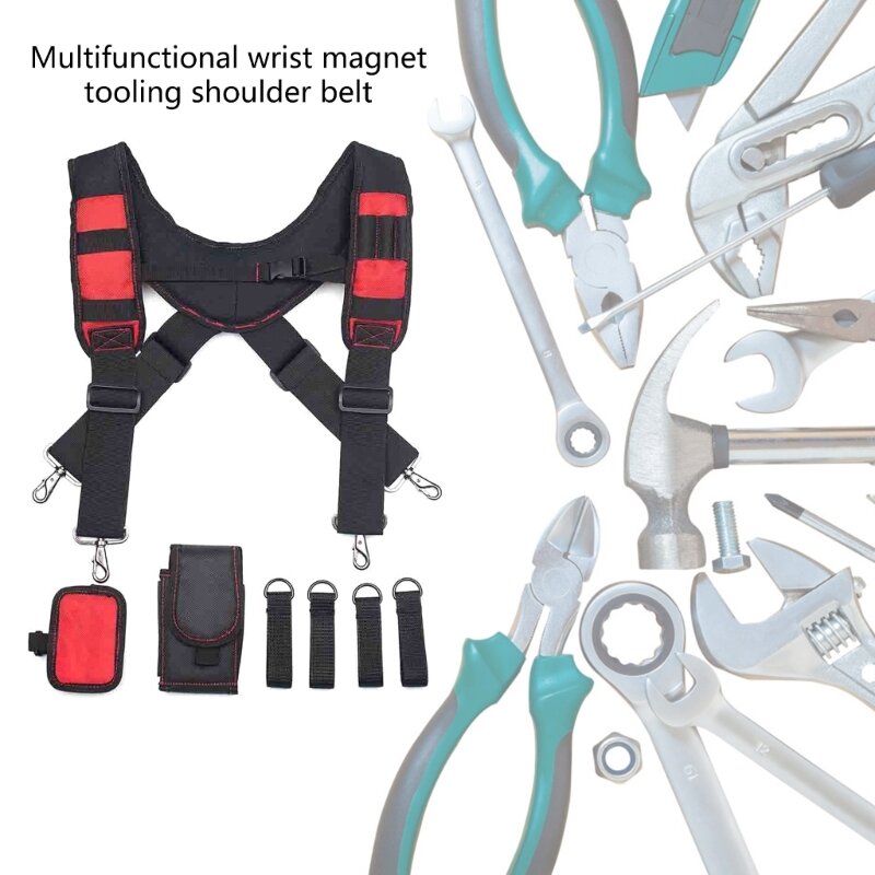 Conjunto cinto ferramenta trabalho suspensórios suporte bolsa broca suspensórios magnéticos ajustáveis