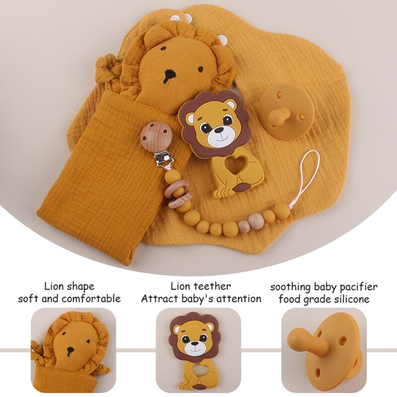 Newborn Gift Box Set Cartoon Lion Baby Pacifier Pacifier Chain Appease Towel Bib Kit for Infant Baby Boys Girls Baby Shower Gift