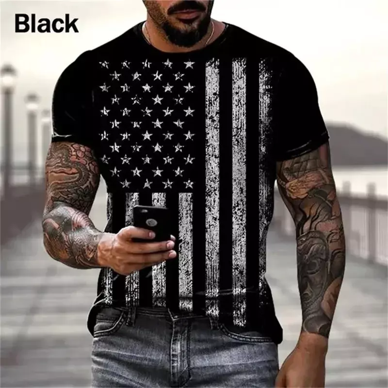 Camiseta con estampado 3D de la bandera de EE. UU. Para hombre, TOP de manga corta con cuello redondo, informal, Extra grande, Harajuku, novedad de verano