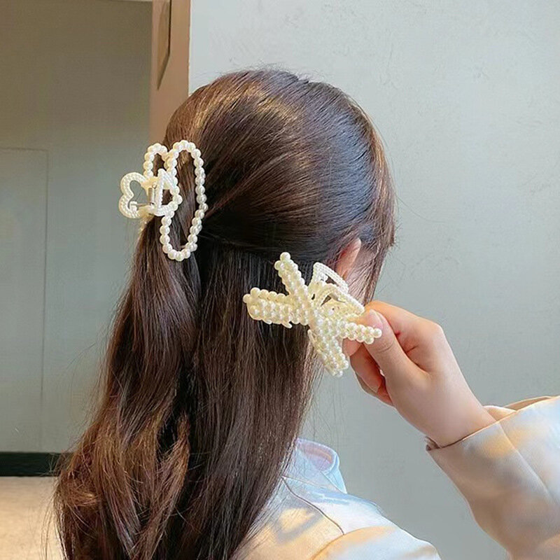 Elegant Pearls Beads Hairpin for Women Fashion Geometric Hair Claw Barrettes Headwear Horsetail Hair Clips Hair Crab Accessories