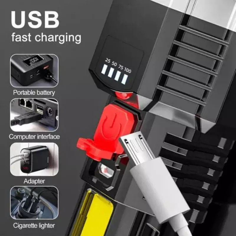 USB Recharge 5 LED COB Light, Luz lateral, Power Display, Lâmpada portátil ao ar livre, 4 modos, Tochas recarregáveis impermeáveis