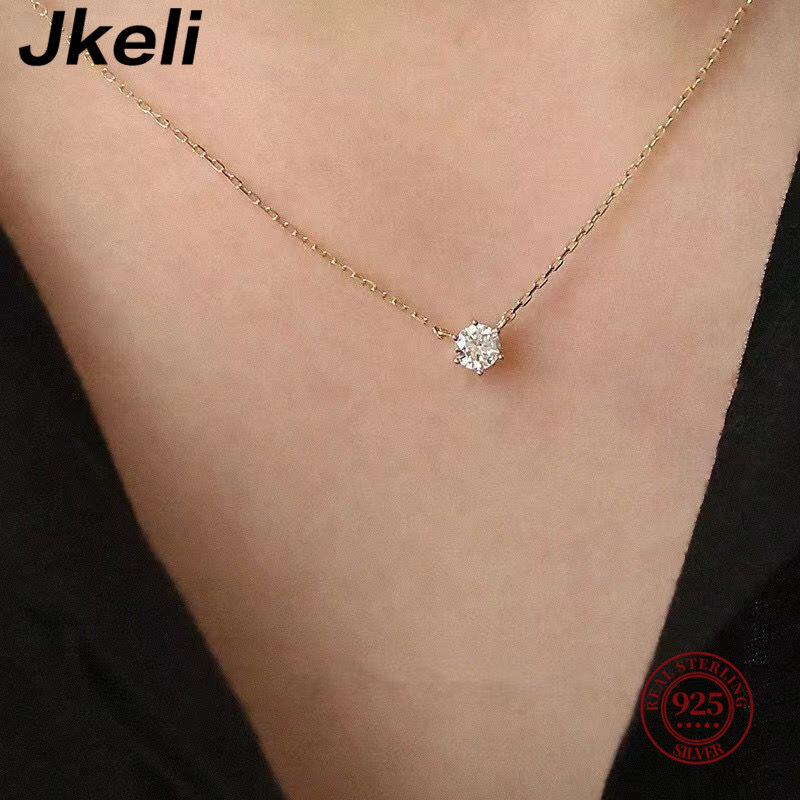 Jkeli 925 Sterling Silver 18k Gold Plated Necklace Single Sparkling Zircon Clavicle Chain for Women Wedding Jewelry collares