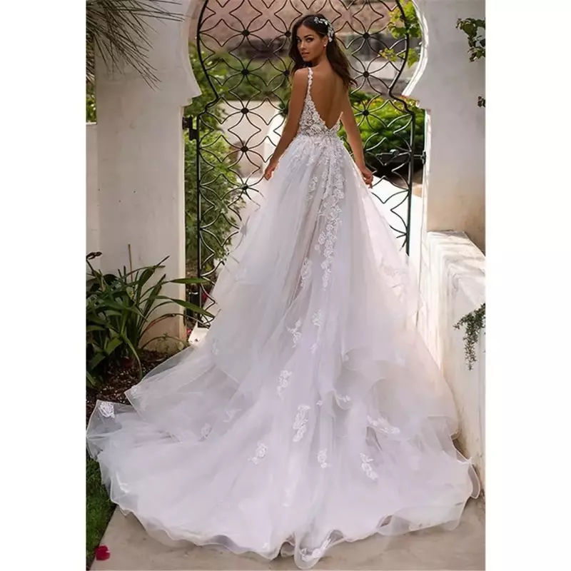 Beautiful Boho A-line backless 3D flower Italian camisole Princess Bride wedding dress Vestidos de novia  Romantic beach