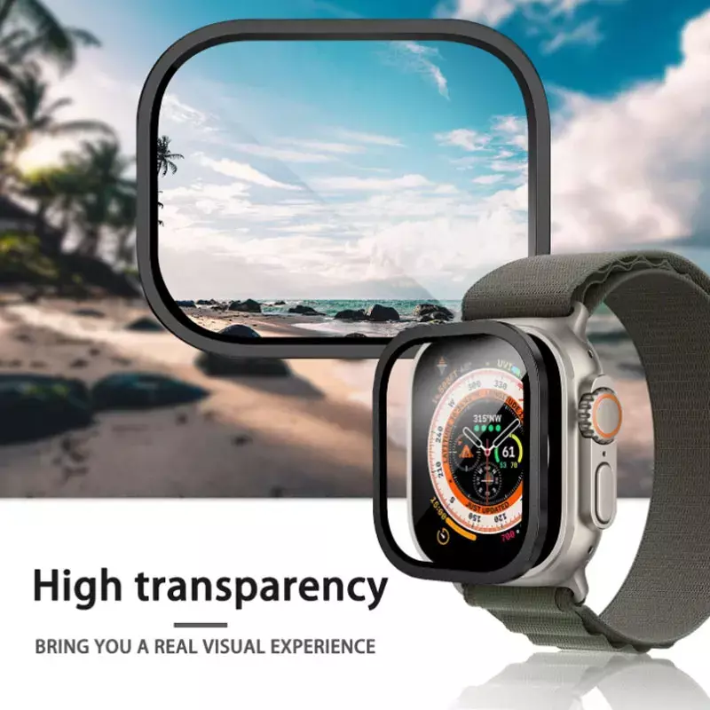 Funda de Metal para Apple Watch, Protector de pantalla de vidrio templado, resistente al agua, parachoques Protector, película transparente de 49mm