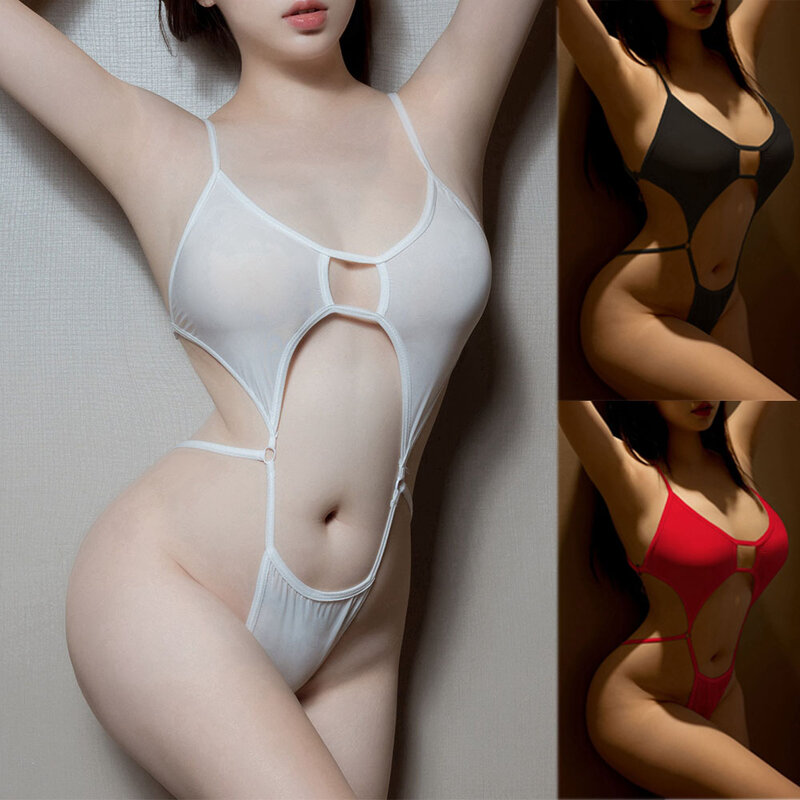 Lingerie tembus pandang seksi wanita Bodysuit Halter Thong Leotard Bikini baju renang