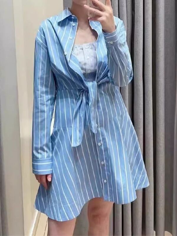 Women's Fake Two Pieces Dress Blue Stripes Single Breasted Long Sleeve Turn-down Collar Casual Summer 2024 Mini Robe