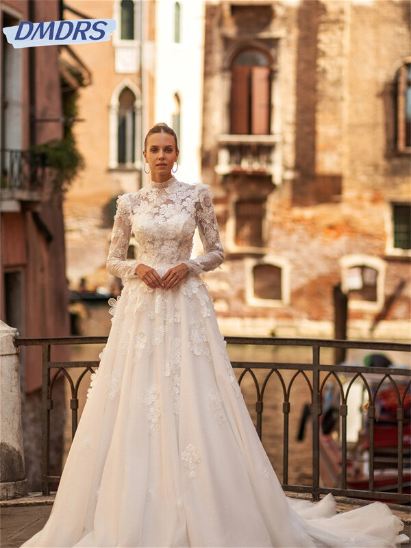Romantyczna suknia ślubna z długim rękawem 2024 urocza aplikacja suknia ślubna klasyczna sukienka o długości podłogi w linii Vestidos De Novia
