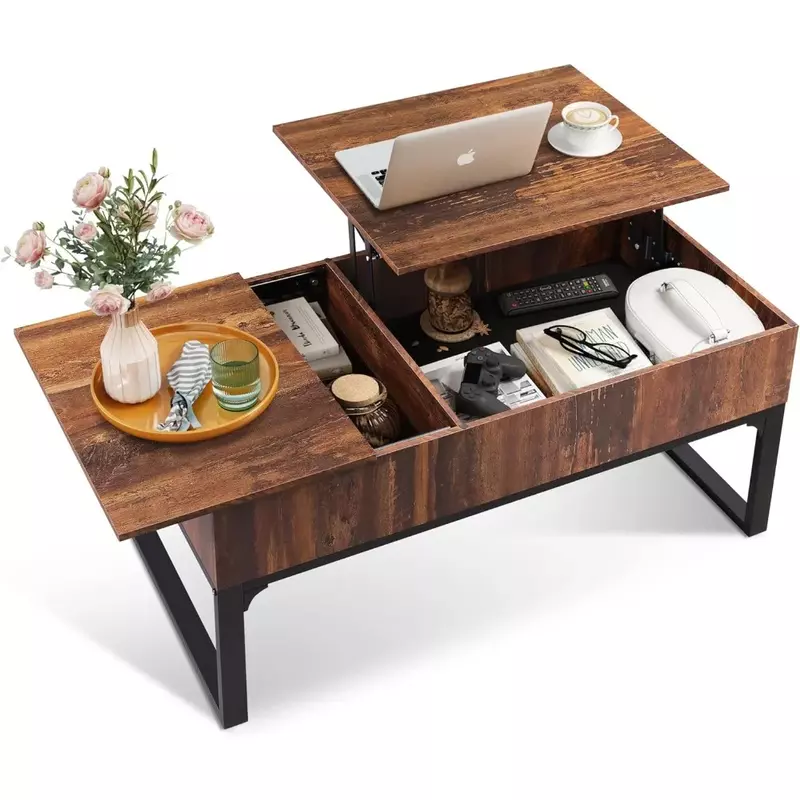Levante a mesa de café para sala, mesa de madeira moderna com armazenamento, compartimentos escondidos e gavetas para sala de estar