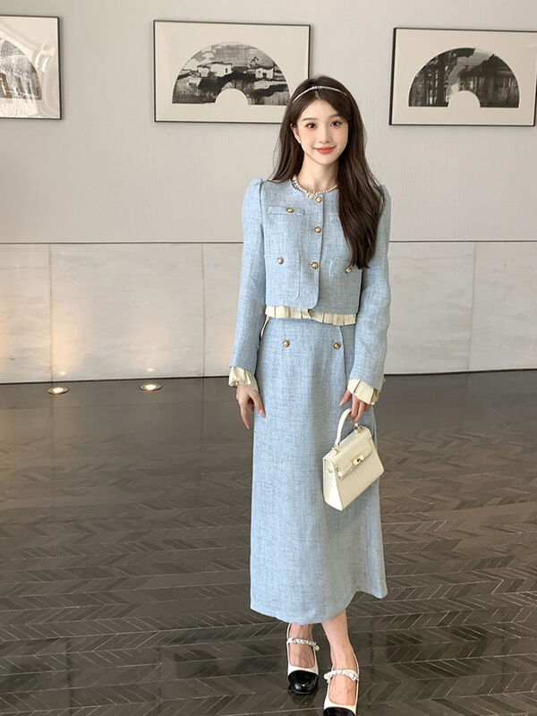 Veste bleue imbibée de style chic pour femme, nouvelle tenue de système de sel, petite robe de haute qualité, printemps et automne 2024