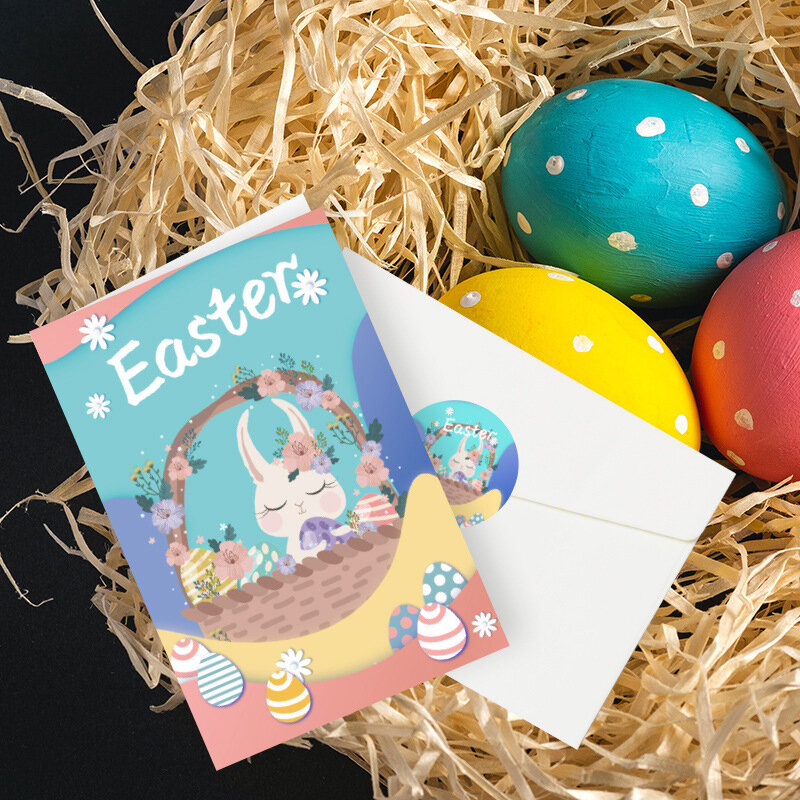 6pcs/set Happy Easter Cards And Envelopes Stickers Cartoon Rabbit Bunny Easter Party Supplies Thank You Card Greeting Postcards