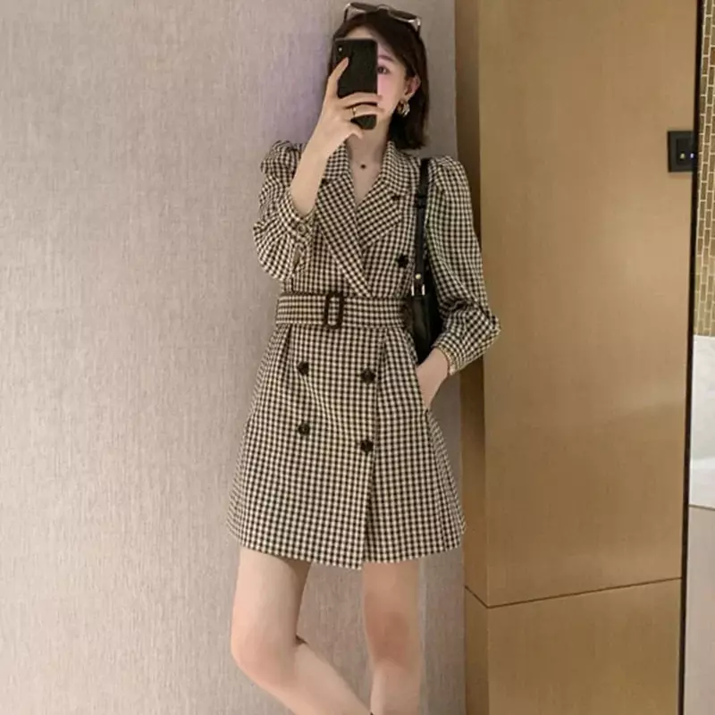 Women Fashion Sashes Plaid Suit Jacket Autumn 2022 New Puff Sleeve Button Blazer Woman Double Breasted Long Outwear Femme OL